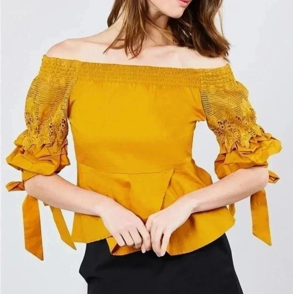 Bubble Sleeve W/bow Tie Off The Shoulder W/crochet Lace Cotton Woven Top…